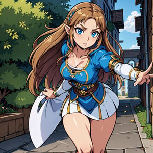 A full-body shot of Princess Zelda, brown hair, blue eyes, dressed as an Assassin from Assassins Creed, in white+gold witha white mask and hood with gold details, XL bust, using a wrist blade. Background: A city during the renaissance period. Unreal Engine 5, Anime, Anime style, Masterpiece, Well drawn eyes, well drawn face, well detailed eyes, well detailed face, 8k, light and shadow effect.