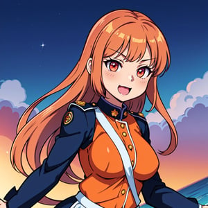 anime girl with a  badge on her shoulder, anime maid  ss military, fujita goro!, anya from spy x family, anime girl named lucy, happy!!!, she has long orange brown hair, marin kitagawa fanart, rena nounen style 3/4, ecchi anime style, nazism, anime best girl, umaru-chan