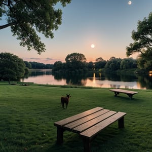 There is a bench in the grass near a lake and a giant tree, cattle grazing near the trees, the moon reflects in the water, full moon in the background, full moon in the background, big moon in the background, big moon in the background!, (moon in the background), moon reflecting in the water, moon in the background, perfect and sharp moon, Moon in the background,girl