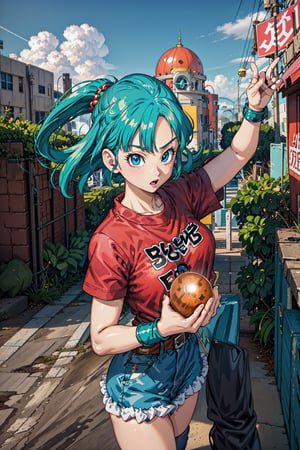 best quality,ultra-detailed,photorealistic,bustling,energetic scene,Bulma in action,girl with blue hair,adventurous expressions,stylish outfit,sci-fi elements,Western-style desert,ancient ruins,mysterious artifacts,dynamic poses,fierce battles,vibrant colors,anime style,comic book aesthetic,action-packed,martial arts combat,floating energy orbs,flying debris,explosions,glowing power-ups,unique character designs,humans and aliens,futuristic technology,high-speed movement,superhuman strength,animated drama,heroic feats,world-saving missions,epic storytelling,supportive and loyal friends,intense rivalries,iconic transformations,cheerful and determined attitude,lively and humorous dialogues,symbolic dragon balls,magical wishes,adrenaline-pumping soundtrack,intergalactic adventure,fantasy elements,unforgettable moments.,dragon ball