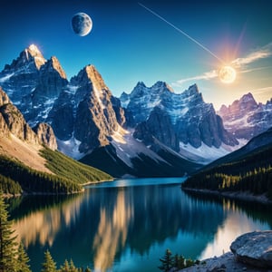 mountains and a lake with a moon in the sky, 4k highly detailed digital art, 4 k hd wallpaper very detailed, impressive fantasy landscape, sci-fi fantasy desktop wallpaper, unreal engine 4k wallpaper, 4k detailed digital art, sci-fi fantasy wallpaper, epic dreamlike fantasy landscape, 4k hd matte digital painting, 8k stunning artwork  