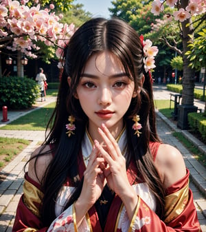 (masterpiece, top quality, best quality, official art, beautiful and aesthetic:1.2), (1girl), extreme detailed,(abstract, fractal art:1.3),highest detailed, detailed_eyes, light_particles, hanfu,jewelry, sexy, ,red,cherry blossom,The left hand's orchid fingers pinch a branch blooming with cherry blossoms,The right hand's orchid fingers lightly pinch the left sleeve