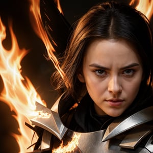 ((super fine illustration, 8k, Masterpiece , Sharp focus , depth of field)), Beautiful swordswoman, absurdity, Highly detailed face and skin texture, silver hair, jet-black armor, flame armor, cloak wrapped in flames, sword wrapped in flames, flame wings, determination to overcome sorrow, A sign of determination in your gentle eyes , strong soul