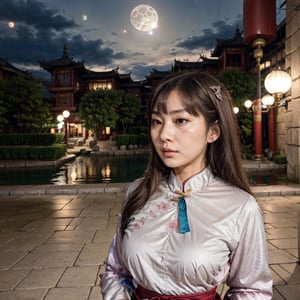 Masterpiece, Best, Night, Full Moon, 1 Female, Mature Woman, Chinese Style, Ancient China, Elder Sister, Royal Sister, Cold Face, Expressionless, Silver White Long Haired Woman, Light Pink Lips, Calm, Intellectual, Three Bangs, Gray Hitomi, Assassin, Long Sword, Swordsman, Fighting, Street View, Facial Details,