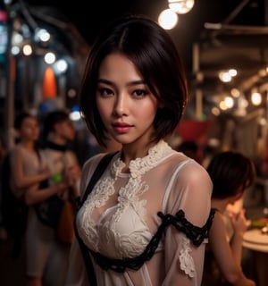 masterpiece, best quality, miranda, (halfbody shot,street lamps,moon),Masterpiece, 1girl, solo exhibition, beautiful woman on the bustling street, surrounded by hawkers, beautiful goddess girl portrait, beautiful and detailed face, porcelain skin, (((bust shot, center, night, black hair, short hair)), super soft lighting, symmetry, complexity, elegance, high detail, realism, art, concept art,1 girl