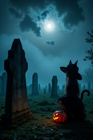 A witch's cackle echoes through a foggy graveyard at midnight on Halloween night. A young girl, dressed in a black cat costume, kneels beside a crumbling tombstone, her glowing jack-o'-lantern lantern casting an eerie glow. The moon hides behind thick clouds, and the air is heavy with mist and mystery.