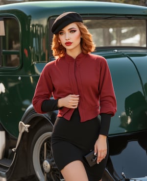 masterpiece, pale skin, red lips, light eyes, eyeshadow, front shot a beautiful red-haired woman with medium curly hair standing on the street holding a Thompson drum M1928A1, behind her a 1928 Cadillac Town Sedan left green, she wears a mafia suit with red and black colors, Skirt and jacket on her shoulders in mafia style, she also wears a hat, garter holder and heels, very detailed body, detailed car and clothes, chiaroscuro, natural daylight, highly detailed, her and the car focused on the image