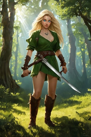 A beautiful detailed fantasy landscape, a young woman with long flowing blonde hair, piercing blue eyes, delicate facial features, wearing a green tunic and brown leather boots, standing in a lush forest clearing, holding a mystical sword, sunlight filtering through the trees, (best quality,4k,8k,highres,masterpiece:1.2),ultra-detailed,(realistic,photorealistic,photo-realistic:1.37),fantasy art,digital painting,cinematic lighting,dramatic shadows,vibrant colors,intricate details