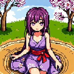 A 16-year-old Japanese beauty,in the sakura flowers.Turn slightly,iris purple dress