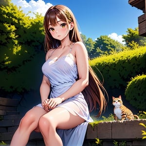 a girl with a beautiful cat, detailed portrait, long flowing hair, intricate dress, sitting in a serene garden, natural lighting, (best quality,8k,highres,masterpiece:1.2),ultra-detailed,(realistic,photorealistic,photo-realistic:1.37),cinematic,chiaroscuro lighting,muted color palette,intricate digital painting,dramatic shadows,emotive expression,add,girl