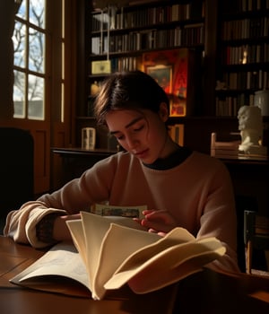 1 person in a library, studying, realistic, detailed facial features, intense concentration, mesmerized by book, warm lighting, cozy atmosphere, elegant bookshelves, sunlight streaming through windows, highly detailed, photorealistic, 8k, sharp focus, vivid colors, studio lighting, cinematic framing