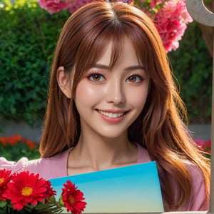 A anime girl holding a sign that says "1 year tensor art", detailed portrait, beautiful woman, looking at camera, smiling face, detailed facial features, detailed eyes, detailed nose, detailed lips, long hair, outdoor scene, sunlight, garden, flowers, colorful, vibrant, photorealistic, 8k, high resolution, masterpiece
