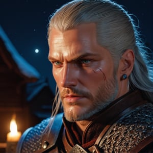 Portrait of actor Travis Fimmel as Geralt of Rivia at night, his face is illuminated by the full moon, he has a beard, model shooting style (extremely detailed CG unity 8k), full frame photography of the most beautiful work of art in the world, medieval witcher armor, professional majestic painting by Greg Rutkowski, trending on ArtStation, trending on CGSociety, intricate, highly detailed, clear focus, dramatic, photorealistic painting by Midjourney
