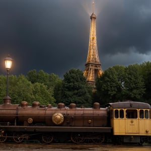 2 beautiful and adorables steampunk women in the foreground and a steampumk locomotive and the Eiffel tower in the background in a rainy and wet day by Vincent van Gogh