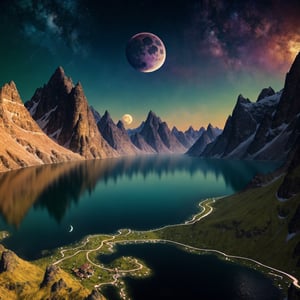 mountains and a lake with a moon in the sky, 4k highly detailed digital art, 4 k hd wallpaper very detailed, impressive fantasy landscape, sci-fi fantasy desktop wallpaper, unreal engine 4k wallpaper, 4k detailed digital art, sci-fi fantasy wallpaper, epic dreamlike fantasy landscape, 4k hd matte digital painting, 8k stunning artwork,photorealistic