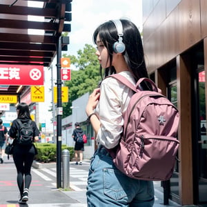 anime girl with headphones and backpack looking at a cell phone, anime style 4 k, alice x. zhang, digital anime art, nightcore, digital anime illustration, anime styled digital art, anime art wallpaper 4k, anime art wallpaper 4 k, anime artstyle, anime digital art, anime style artwork, anime style. 8k, detailed digital anime art