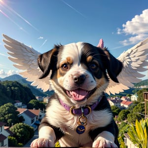 A cute puppy flying through the sky, adorable puppy, fluffy puppy, puppy with wings, whimsical puppy, fantasy puppy, magical puppy, puppy in the clouds, dynamic puppy, playful puppy, cute puppy expression, puppy soaring, puppy flying gracefully, fantasy landscape, vibrant colors, ethereal lighting, cinematic composition, digital art, 8k, high resolution, photorealistic, beautiful detailed eyes, beautiful detailed nose, beautiful detailed mouth, extremely detailed fur, adorable puppy expression