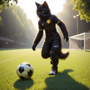 A whimsical scene unfolds as a sleek black cat dons a miniature soccer jersey and cleats, its eyes gleaming with mischief. The camera captures a tight shot of the feline's paws expertly controlling the ball on a lush green grassy field, sunlight casting long shadows behind the goalpost. The cat's agile body is frozen in mid-stride, as if poised to make a swift move around an opponent.