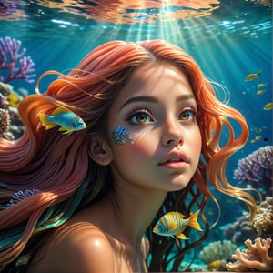  a mermaid princess, extremely detailed, beautiful face, long flowing hair, underwater scene, coral reef, schools of tropical fish, sunlight shimmering through the water, intricate seaweed and kelp, photorealistic, digital art, award winning, 8k, hyper detailed,GIRL