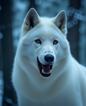 a white wolf, detailed fur, piercing eyes, sharp teeth, in a snowy forest, beautiful landscape, magical atmosphere, moody lighting, dramatic composition, (best quality,4k,8k,highres,masterpiece:1.2),ultra-detailed,(realistic,photorealistic,photo-realistic:1.37),hyperrealistic,cinematic lighting,dramatic lighting,intricate details,highly detailed fur,lifelike