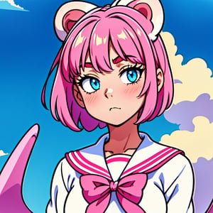 skistyle, 1girl, solo, pink hair, animal ears, blue eyes, wings, looking at viewer, bangs, short hair, bow, sailor collar, white sailor collar, hair bow, pink bow, closed mouth, shirt, white shirt, bear ears, bob cut, mini wings, portrait, detached wings, makeup, upper body, city in background,