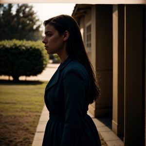 a film shot,focused foreground and blurred background,a person standing in the middle of the frame,shallow depth of field,detailed lighting and shadows,dramatic color grading,mysterious atmosphere,wide aspect ratio,warm color temperature,soft natural light,cinematic feel,grainy texture,old movie aesthetics,vintage film look