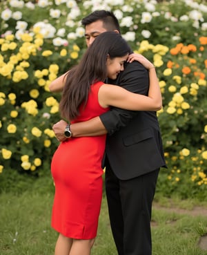 A warm and intimate moment is captured as the man and woman share a tender hug. The woman's bright red pencil dress stands out against the soft colors of the garden, while the man's elegant attire exudes sophistication. In the background, a lush tapestry of yellow, white, orange, and pink flowers adds a pop of vibrancy to the scene, with delicate petals swaying gently in the breeze. The framing of the shot highlights the embracing couple, with the garden's beauty subtly filling the space around them.