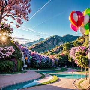 (highres,realistic:1.2),vibrant candy-colored landscape,candy-coated trees and rolling hills,glimmering sugar trails,delightful candy sculptures and statues,fluffy cotton candy clouds,sparkling sugar rivers and lakes,lush lollipop flowers and candy cane grass,sprinkles scattered like confetti,children skipping and laughing in a candy-filled wonderland,imaginative and whimsical art style,sweet and sugary color palette,soft and warm lighting bathing the landscape.