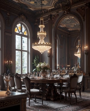 there is a dining room with a table and chairs and a chandelier, cgsociety 9, futuristic persian palace, cgsociety unreal engine, redshift houdini, futuristic. game cg, unreal engine cinema4d, ornate cyberpunk interior, hyperrealistic symmetrical 8k, rene lalique and eddie mendoza, cinematic unreal 5, cinematic smooth unreal engine