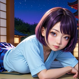 asterpiece, high resolution, illustration, kyoto animation style, your name is movie style, night, midnight, light, (1 woman: 1.3), (solo: 1.4), long eyelashes, short bob, nose blush, futon, lying down, tartan_skirt, face close-up, hide chest with hands, hide with hands,shirt , full body