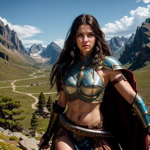 a female warrior, highly detailed portrait, cinematic lighting, epic fantasy, medieval armor, sword and shield, determined fierce expression, piercing eyes, flowing hair, dramatic pose, rocky mountain background, dramatic lighting, cinematic composition, digital art, fantasy art, hyper realistic