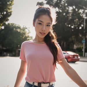 A vision flow of a beautiful woman walking down a street, her pink t-shirt and faded blue jeans illuminated by the sun, a red car passing in the background, and a world of shimmering light.