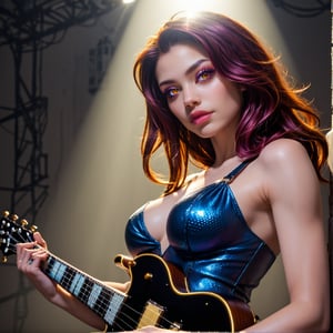 a guitarist playing an electric guitar, detailed facial features, beautiful detailed eyes, beautiful detailed lips, extremely detailed face, long eyelashes, detailed fingers, playing dynamic guitar pose, intricate guitar details, studio lighting, high quality, cinematic, photorealistic, 8k, vibrant colors, dramatic lighting, atmospheric, moody, dramatic, cinematic composition, epic scale, heroic, masterpiece