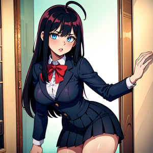 Arya, 1girl, solo, long hair, blue eyes, ahoge, bow, looking at viewer, red bow, jacket, bowtie, long sleeves, breasts, shirt, open jacket, red bowtie, door, cowboy shot, collared shirt, indoors, school uniform, white hair, standing, open clothes, skirt, bangs, dress, grey jacket, black dress, blush, pleated skirt, parted lips, medium breasts, pleated dress, white shirt, hair between eyes, white jacket, hand up, blazer, black skirt, thighs, open door, hallway