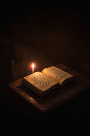 A warm glow emanates from a single candle placed on a rustic wooden table, surrounded by a soft focus of evening shadows. The flame casts a gentle light upon a worn leather-bound book lying open to a yellowed page, its words illuminated like secrets whispered in the darkness.