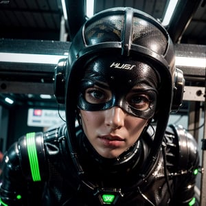 a detailed full body portrait of a woman wearing a tight combat suit, intricate futuristic cyberpunk armor, shiny metallic textures, hyper detailed, ultra realistic, cinematic lighting, dramatic pose, complex machinery and technological elements, glowing accents, depth of field, vibrant neon colors