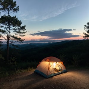 a serene outdoor camping scene, 1 person camping in a forest, tent, campfire, pine trees, starry night sky, mountains in the distance, detailed landscape, warm lighting, photorealistic, cinematic, dramatic, (best quality,4k,8k,highres,masterpiece:1.2),ultra-detailed,(realistic,photorealistic,photo-realistic:1.37),landscape