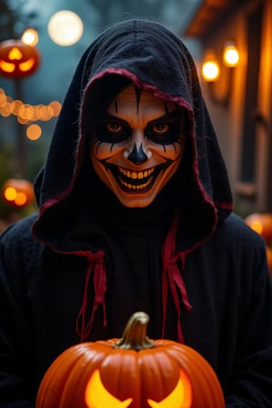 A close-up shot of a person dressed in a spooky Halloween costume, illuminated by a warm orange glow from candles and jack-o'-lanterns. The subject's face is painted with a ghostly pale complexion, dark eye circles, and a wicked grin, surrounded by a black cloak with crimson trim. The atmosphere is eerie, with cobwebs clinging to the character's shoulders and a full moon looming in the background.