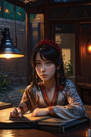 A photo of a beautiful girl in a traditional Chinese dress looking at ancient chinese book under lamp on a low table in garden surrounded by old walls in a peaceful night,((her right hold a pen and her left hand place on table)),((masterpiece)),realistic,4k,extremely detailed,((beautiful big eyes))