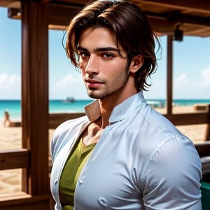 Cinematic soft lighting illuminates a stunningly detailed and ultra-realistic handsome Middle-Eastern male supermodel, beach look, ultra short messy light brown hair, clear green eyes, captivating perfect smile, sensual, hot man, insanely handsome, that is trending on ArtStation. Octane is the perfect tool to capture the softest details of this 16k photography masterpiece.