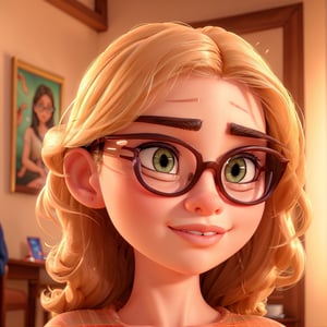 a woman wearing glasses, beautiful detailed eyes, beautiful detailed lips, extremely detailed face and hair, medium closeup, portrait, photorealistic, highly detailed, 8k, (best quality, 4k, 8k, highres, masterpiece:1.2), ultra-detailed, (realistic, photorealistic, photo-realistic:1.37), soft lighting, warm color tones, intricate details