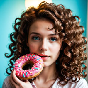 a girl eating a donut, detailed facial features, beautiful curly hair, delicate skin, sweet expression, pink donut, colorful sprinkles, fluffy pastry, shiny glaze, warm lighting, cinematic composition, vibrant colors, highly detailed, photorealistic, 8k, masterpiece