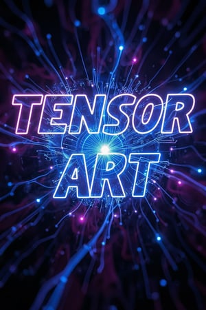 Vibrant digital logo featuring a stylized 'TENSOR  ART' in bold, neon-like letters with swirling tensor-inspired patterns in the background. The text is set against a dark blue-purple gradient, with glowing white highlights that resemble circuit board components. In the center, a mesmerizing vortex of 1s and 0s appears to pulse with energy.