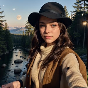 VeronicaCipher ((Upper body selfie, happy)), masterpiece, top quality, ultra detail, solo, outdoors, (night), mountain, nature, (star, moon) cheerful, happy, glove, sweater, hat, flashlight, forest, rock, river, wood, smoke, shadow, contrast, clear sky, analog style (See viewer:1.2) (skin texture) (Film grain: 1.3), (Warm shades, warm tones): 1.2), Close-up, Cinematic Light, Side Light, Ultra High Resolution, Vest Shadow, RAW, Wear Pullover, Kodak Vision 3,Masterpiece