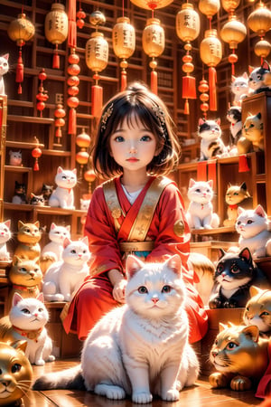 A little cute Asian girl sits attentively in a whimsical classroom adorned with vibrant Chinese zodiac symbols. Playful cats of all breeds and sizes surround her, their curious eyes peering from every corner. The scene exudes a sense of warmth and tranquility.  Camera: Canon EOS R, settings: aperture f/4, shutter speed 1/125, film: Fujifilm Pro 400H.