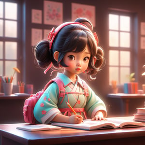 A little Asian girl studying attentively in a classroom with soft natural light from the windows, photorealistic digital painting by a talented artist, vibrant and saturated color scheme, extremely detailed 8K resolution octane render portrait,NYFlowerGirl,DonMM4ch1n3W0rldXL ,chibi