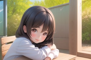 A photo-realistic, highly detailed digital painting portrait of a little Asian girl playing outside of a classroom on a sunny day with soft daylight and vibrant, warm colors.