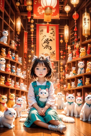 A little cute Asian girl sits attentively in a whimsical classroom adorned with vibrant Chinese zodiac symbols. Playful cats of all breeds and sizes surround her, their curious eyes peering from every corner. The scene exudes a sense of warmth and tranquility.  Camera: Canon EOS R, settings: aperture f/4, shutter speed 1/125, film: Fujifilm Pro 400H.