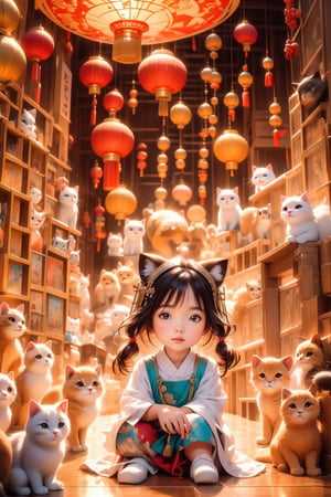 A little cute Asian girl sits attentively in a whimsical classroom adorned with vibrant Chinese zodiac symbols. Playful cats of all breeds and sizes surround her, their curious eyes peering from every corner. The scene exudes a sense of warmth and tranquility.  Camera: Canon EOS R, settings: aperture f/4, shutter speed 1/125, film: Fujifilm Pro 400H.