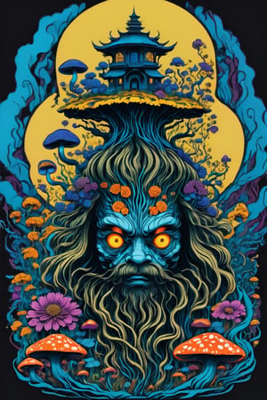 Leonardo Style, illustration,Centred vector art, high contrast, Well-defined black lines, A mystical being with hair as if they were floating roots and some blooming  flowers and mushrooms, trippy Optical effect,traditional Chinese style, intense dark colors , LSD trip style ,  Centred vector art, ,oni style